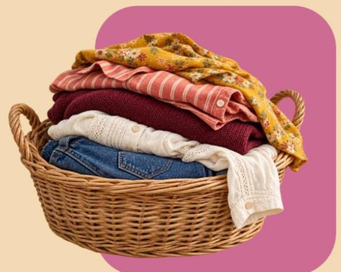 Cesto de vime cheio de roupas coloridas